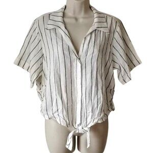 NWT Sanctuary Linen Blend Crop Top L Beige Black Stripe